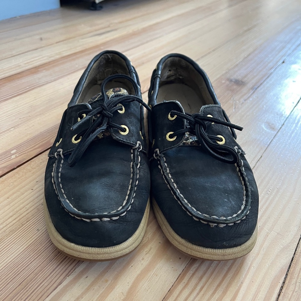 Sperry Top-Sider Angfish Black Leather Leopard Glitter Boat Shoes loafers 6.5 - Picture 4 of 9